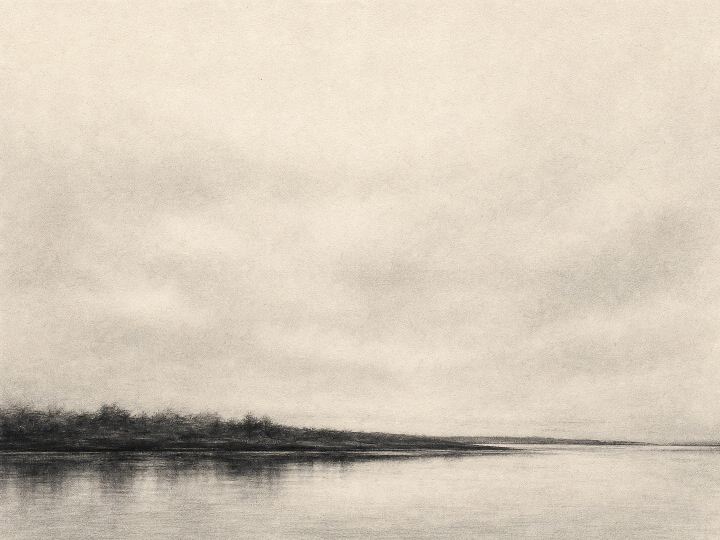 Monochrome graphite landscape artwork of a low estuary shoreline with still reflected water and a vast overcast sky on warm paper.