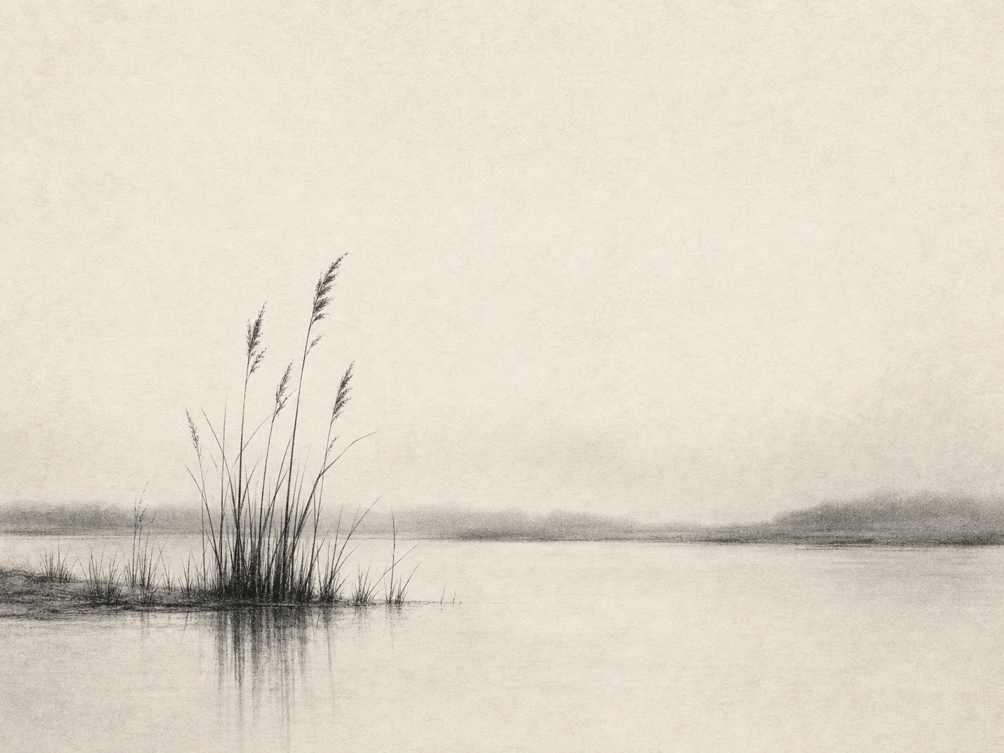 Monochrome graphite marsh landscape with sparse reeds rising beside still water and a faint mist horizon on warm paper.