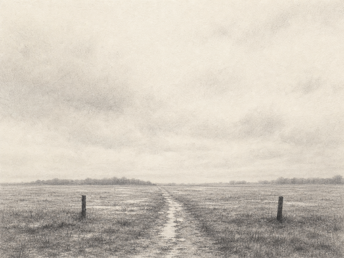 Monochrome graphite field landscape with a narrow wet track, two sparse fence posts, and a broad cloudy sky on warm paper.