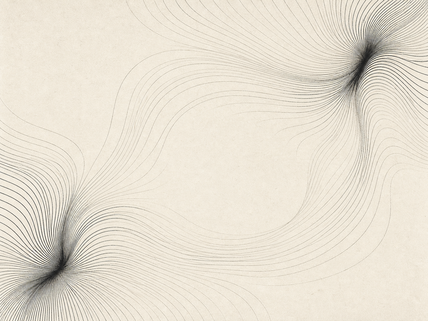 Generative monochrome artwork of flowing fine lines bending around a quiet central void with denser corners.
