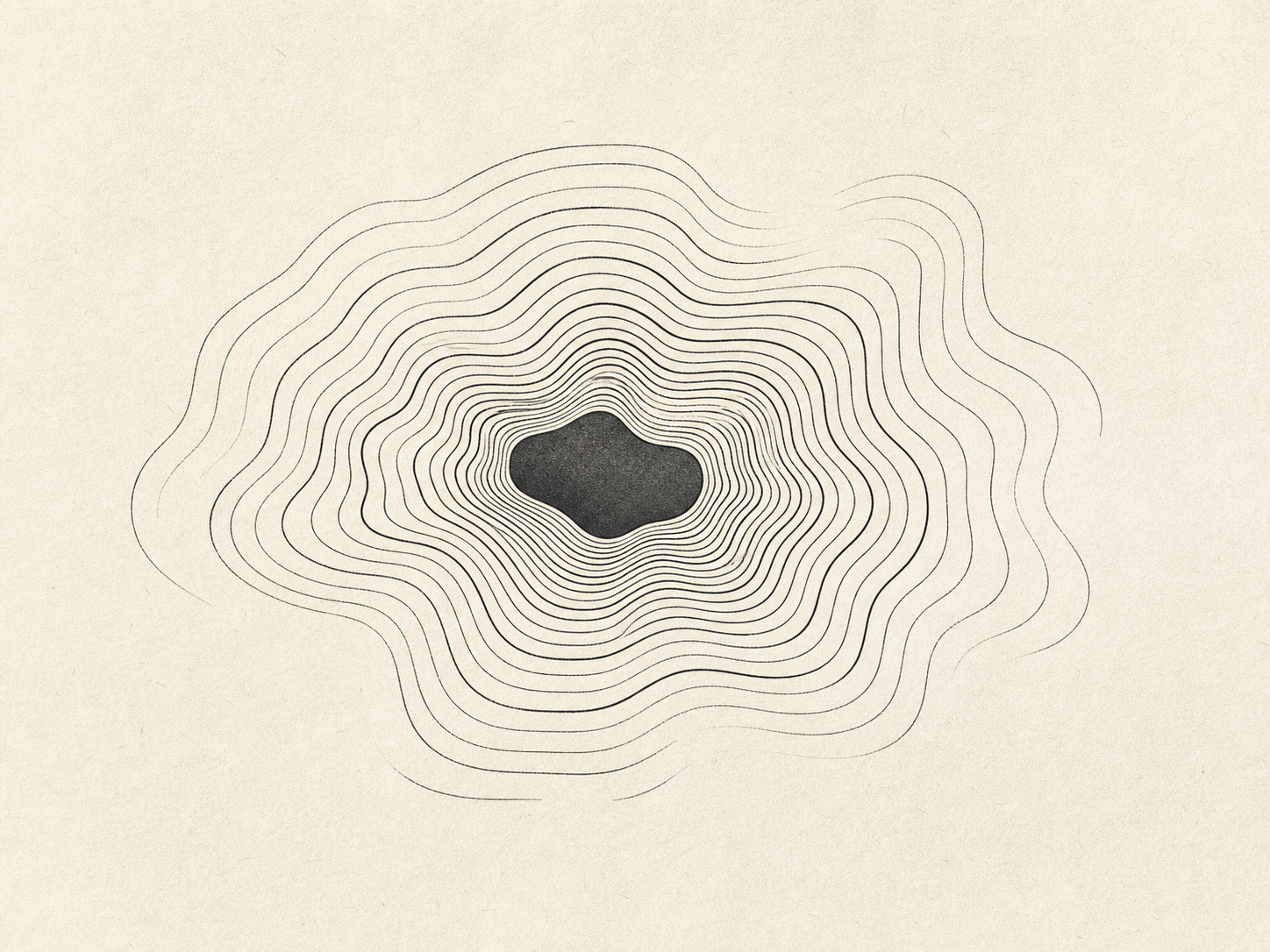 Generative monochrome contour artwork of nested irregular rings around a dark central basin.