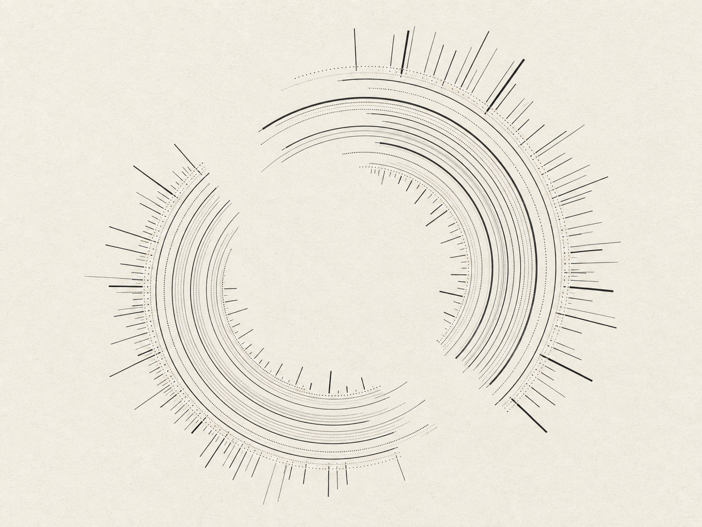 Generative monochrome artwork of two offset arc halos with concentric sweeps and short radial ticks.