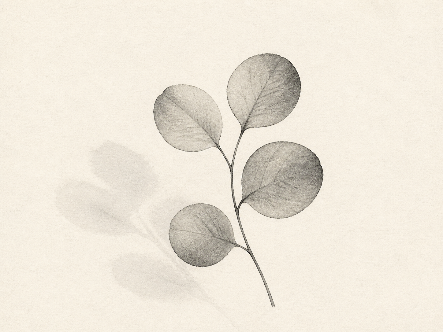 Monochrome botanical artwork of a eucalyptus-like stem with four rounded leaves and a faint shadow wash on warm paper.
