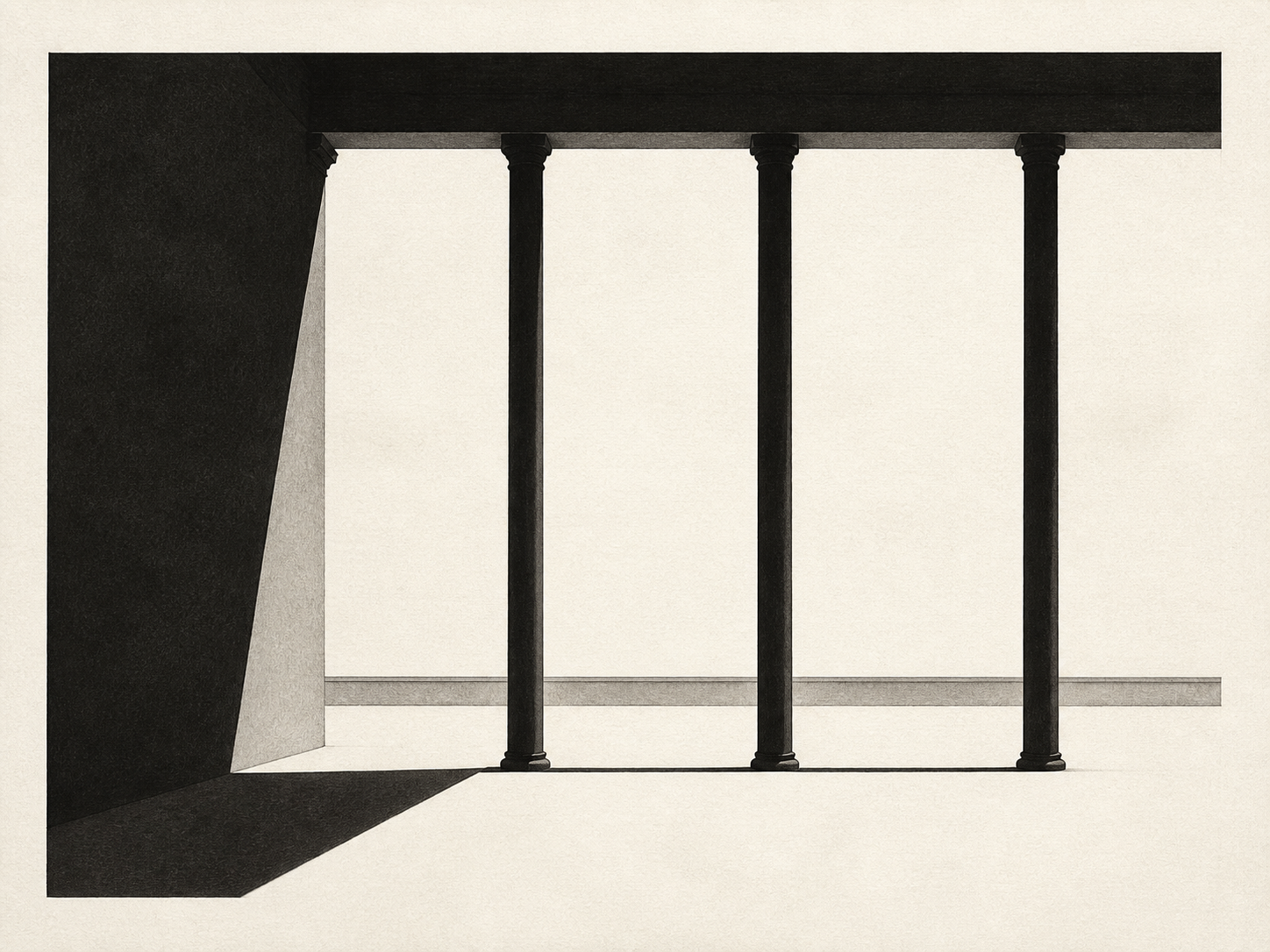 Minimalist black and white architectural artwork with four columns, a deep shadow plane, and an open court on warm paper.