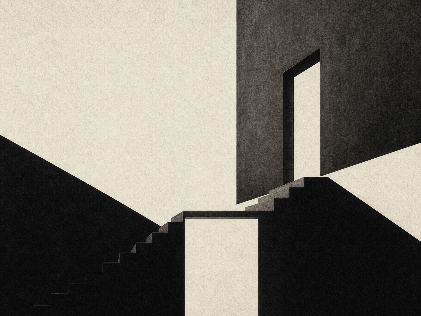 Minimalist black and white architectural artwork showing ascending stair planes, a landing, and a vertical void opening.
