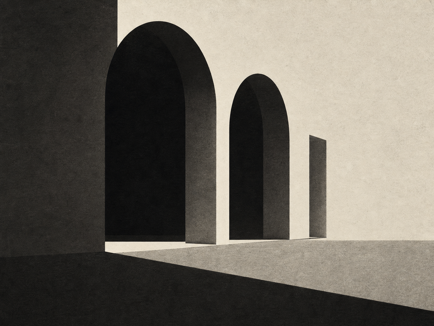 Minimalist black and white architectural artwork of two arches, a corridor opening, and a diagonal floor shadow.