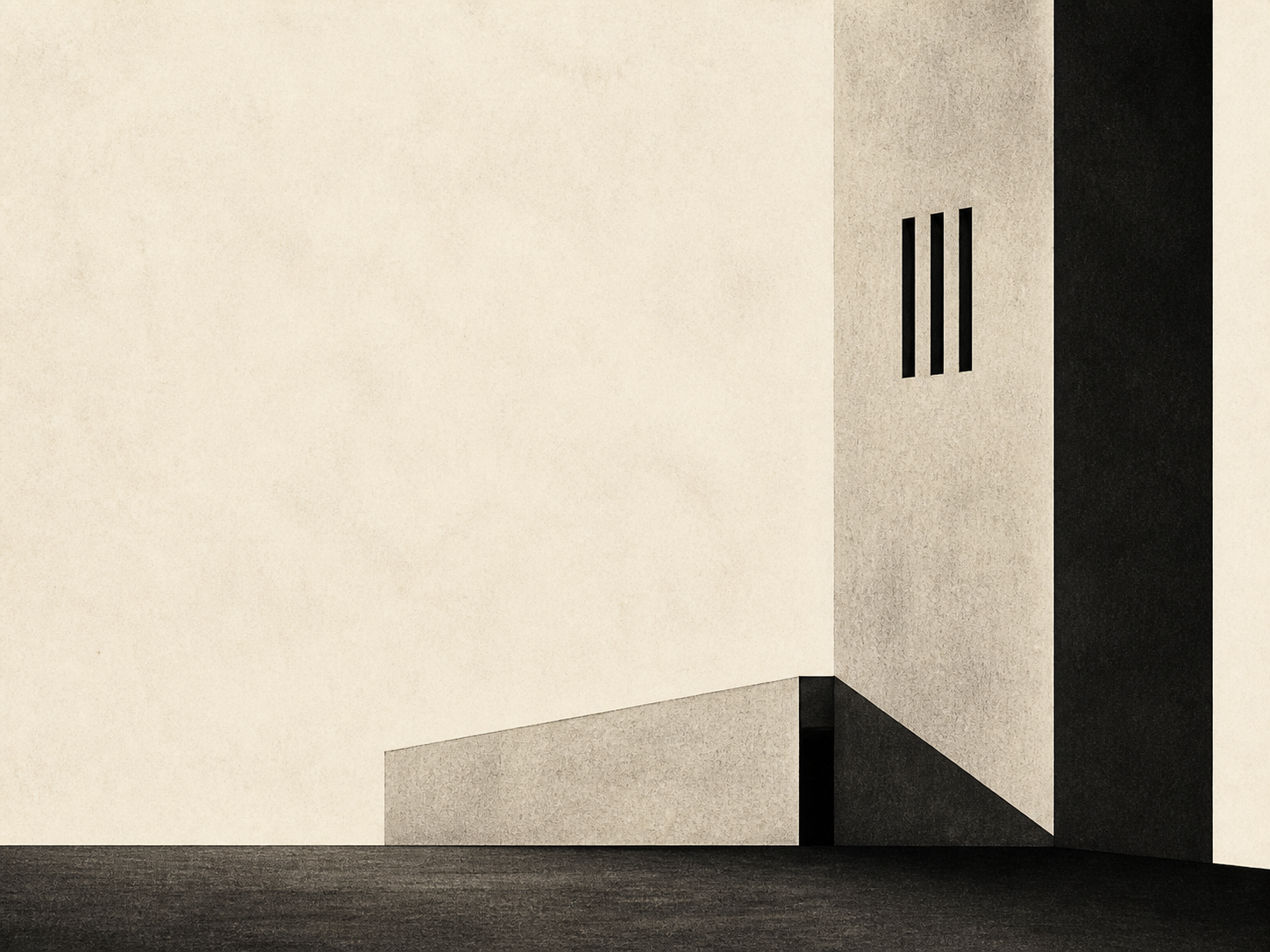 Minimalist black and white architectural artwork with a tall tower, low adjoining volume, thin vertical window cuts, and a diagonal shadow field.