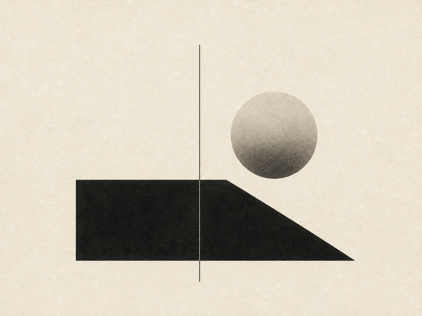 Minimalist black and white composition with geometric planes, a thin vertical line, and a soft circular form on warm paper.