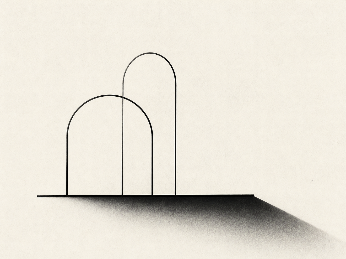 Minimalist black and white architectural composition with thin arches, a base plane, and open paper space.