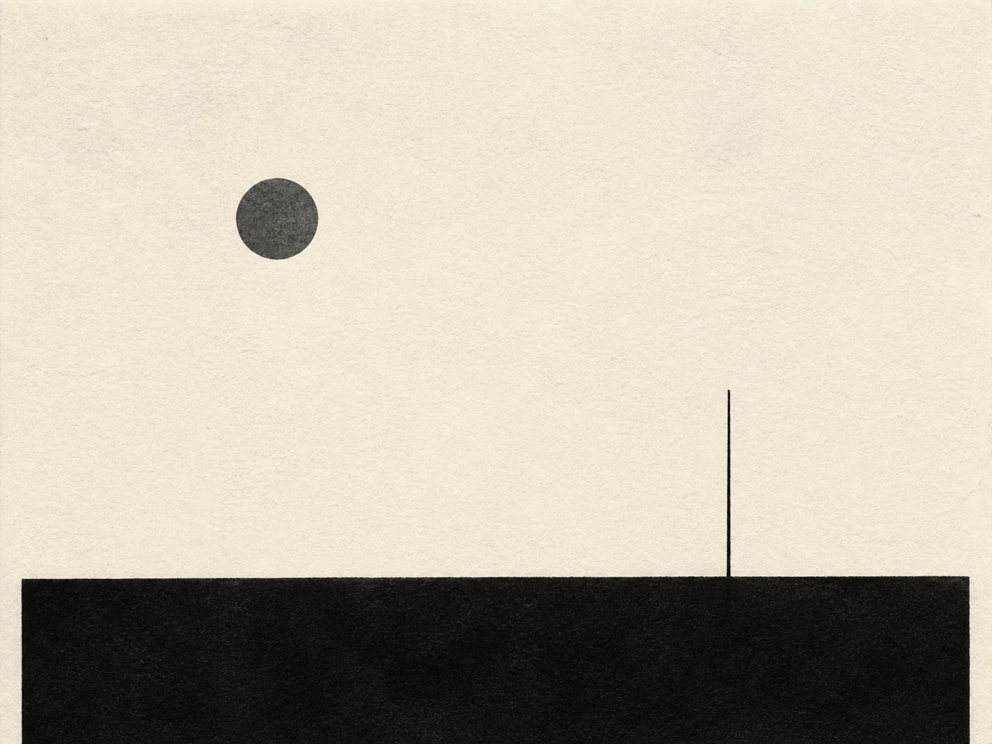 Minimalist black and white horizon composition with a low rectangular plane, distant circle, and vertical divider.