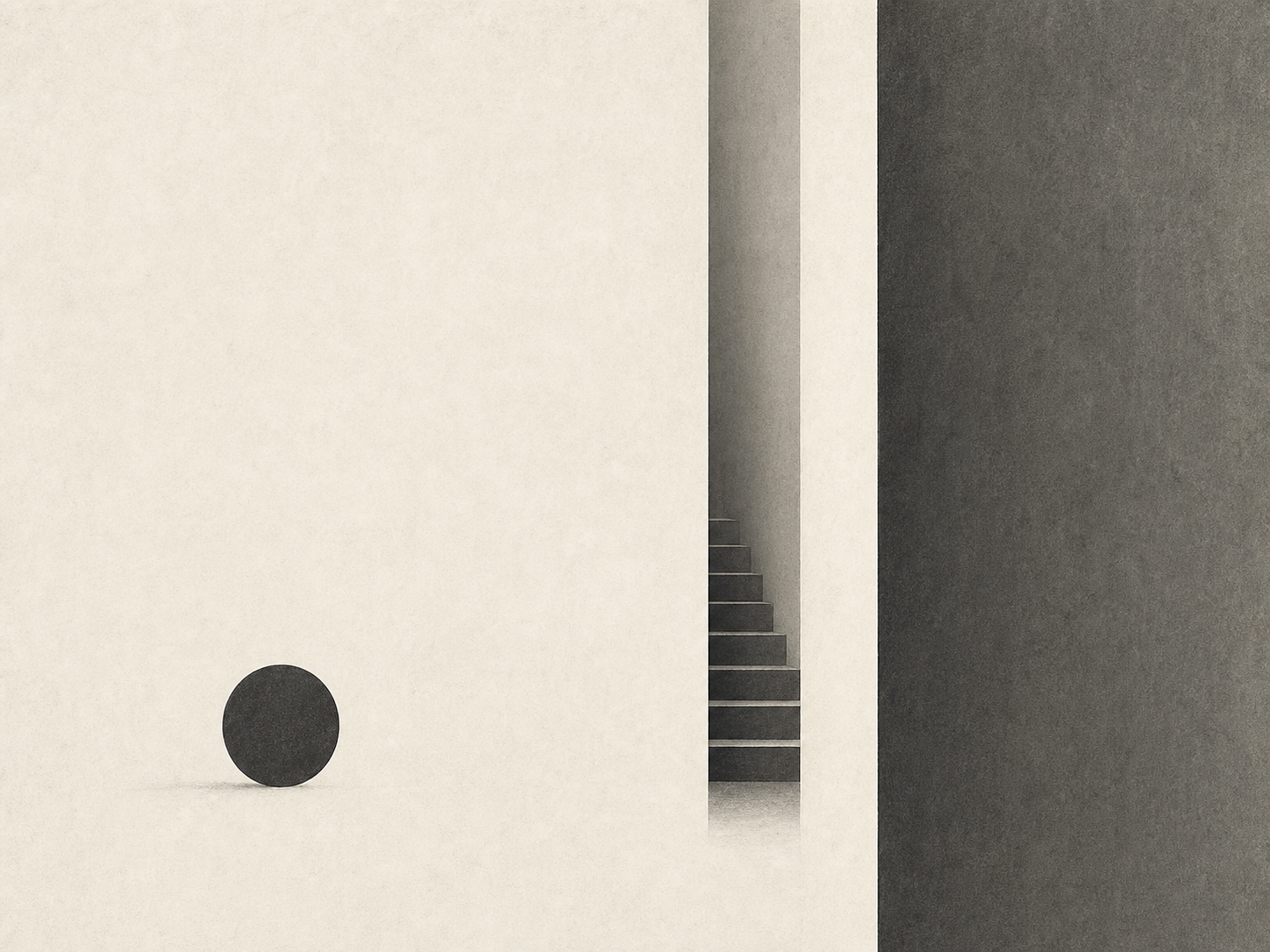 Minimalist black and white composition of offset vertical planes with a small charcoal circle and architectural spacing.