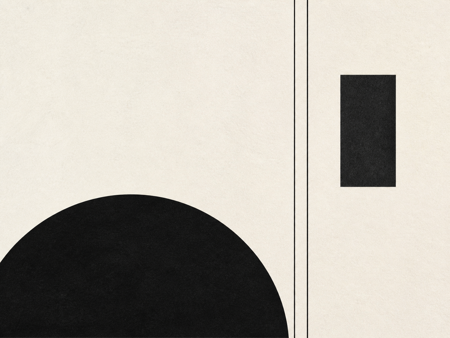 Minimalist black and white artwork with a cropped black semicircle, two fine vertical rules, and a floating charcoal rectangle.