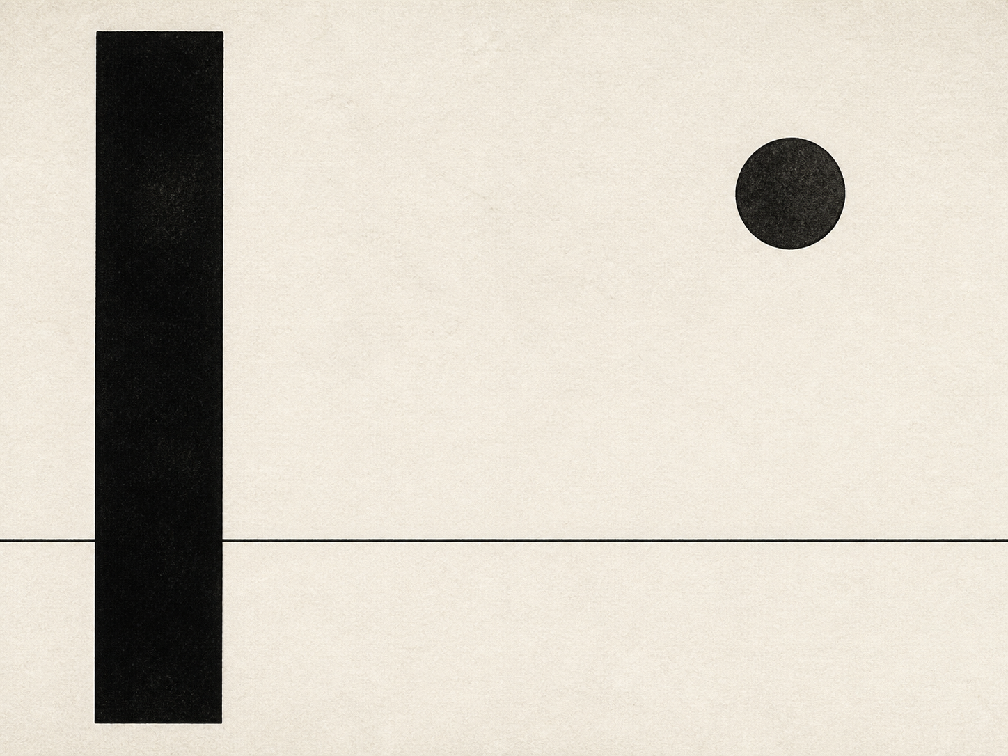 Minimalist black and white composition with a tall black pillar, a thin horizon line, and a charcoal disc on warm paper.