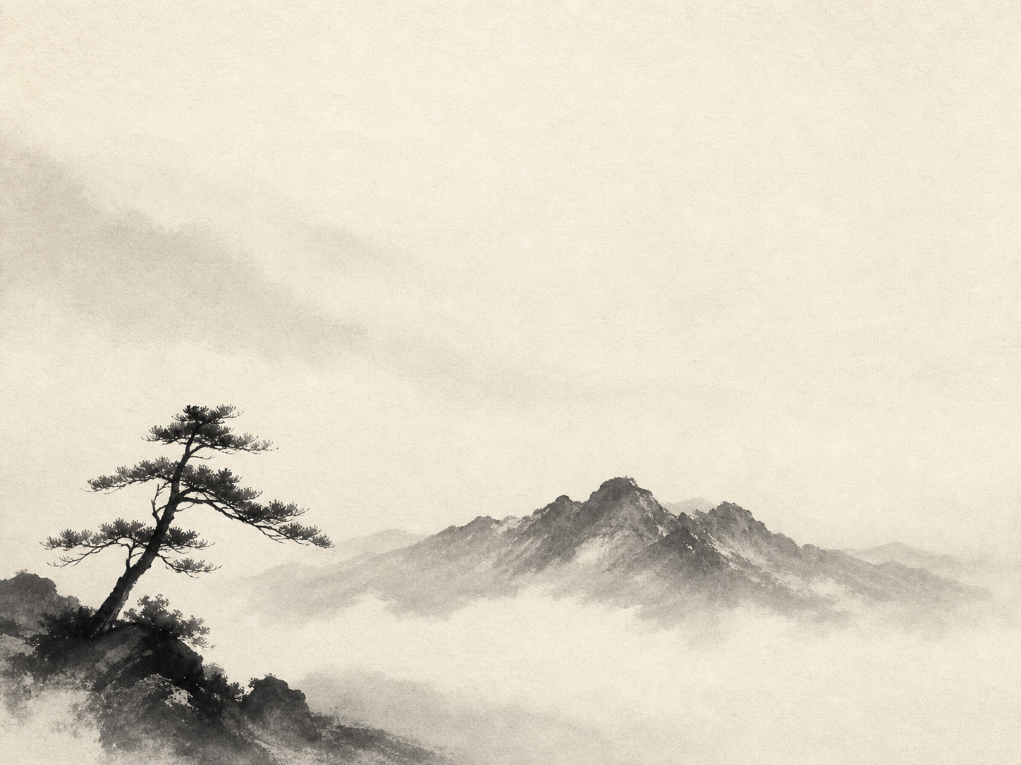 Monochrome ink wash landscape of a distant mountain ridge through mist with a leaning pine silhouette.