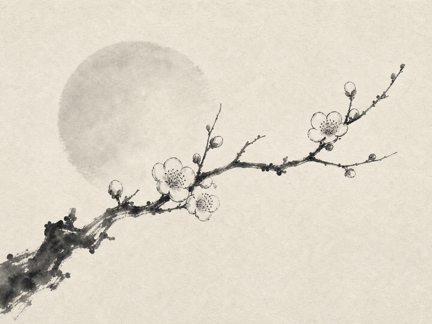 Monochrome ink wash artwork of a plum branch with blossoms and buds set before a pale moon wash.