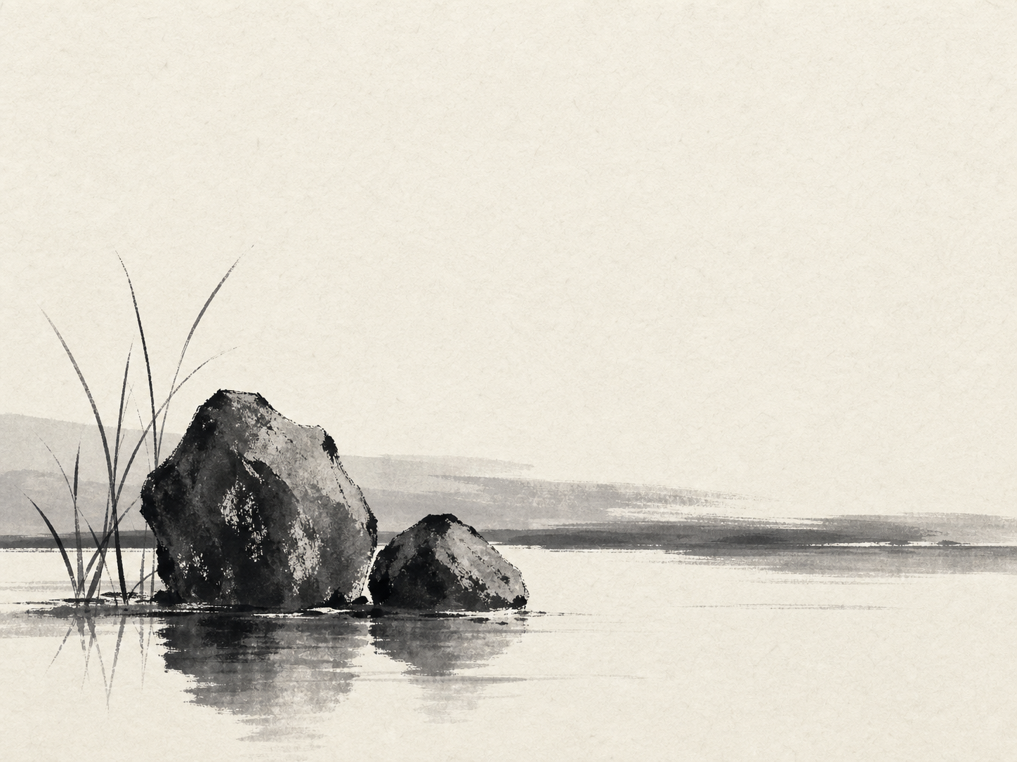 Monochrome ink wash shoreline scene with two stones, reed strokes, and horizontal water washes.