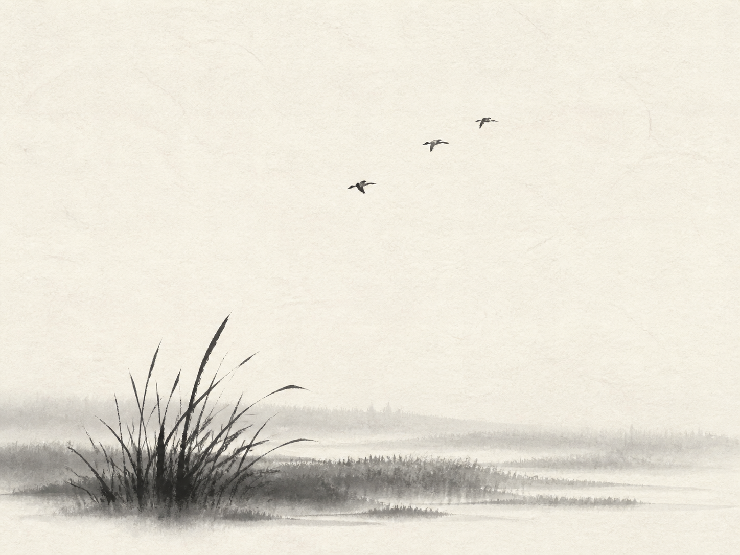 Monochrome ink wash marsh landscape with a grass cluster, distant horizon, and three small birds in flight.